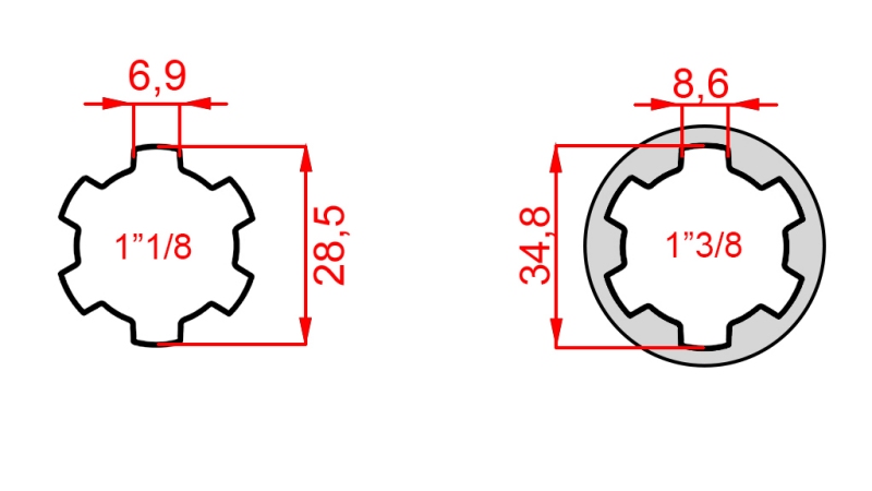 P.T.O. ADAPTER MED PIN fra 1”3/8 til 1”1/8