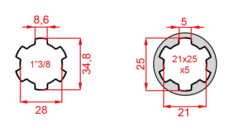 KARDANADAPTER FRA 21x25x5 (6 SPLINES) TIL 1-3/8 (140 mm)