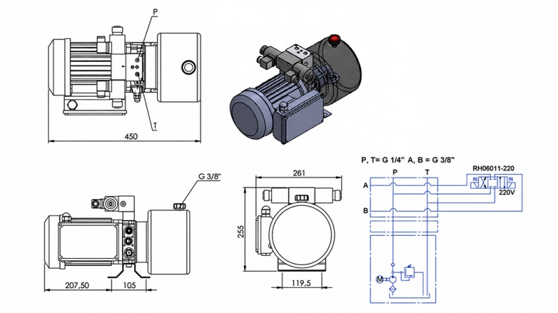 MINI HYDRAULIKAGGREGAT 230V AC (0,75 kW) - 3,7 cc - 5,2 lit/min - tank 4 lit
