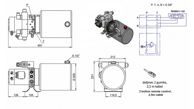 MINI HYDRAULIKAGGREGAT 12V DC - 1.6kW = 2.1cc - 8 lit - bidirektionell enhet (metall)