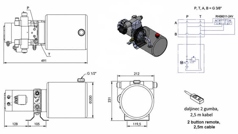 MINI HYDRAULIKAGGREGAT 24V DC - 2.2kW = 2.1cc - 8 lit - bidirektionell enhet (metall)