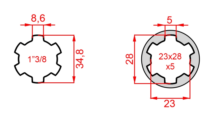 KARDĀNA ADAPTERIS NO 23x28x6 (6 RIEVAS) UZ 1-3/8 (140 mm)