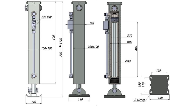 DUBBELVERKANDE HYDRAULISKT STÖDBEN (100x100x700 mm) - SLAG 420 mm - 5.000 kg