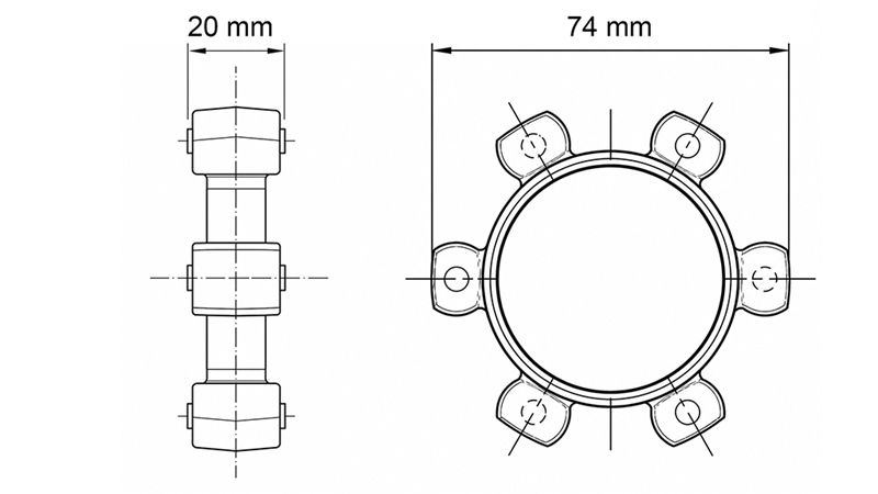 STJÄRNKOPPLING FÖR GUMMIINSATS ND16-ND17 (74mm)
