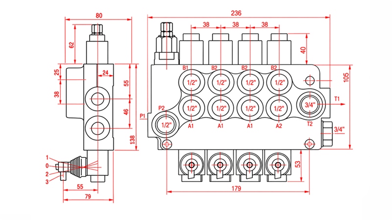 HYDRAULISK MANUELL VENTIL – 4-SEKTIONS RIKTNINGSVENTIL 4xR80 ECO