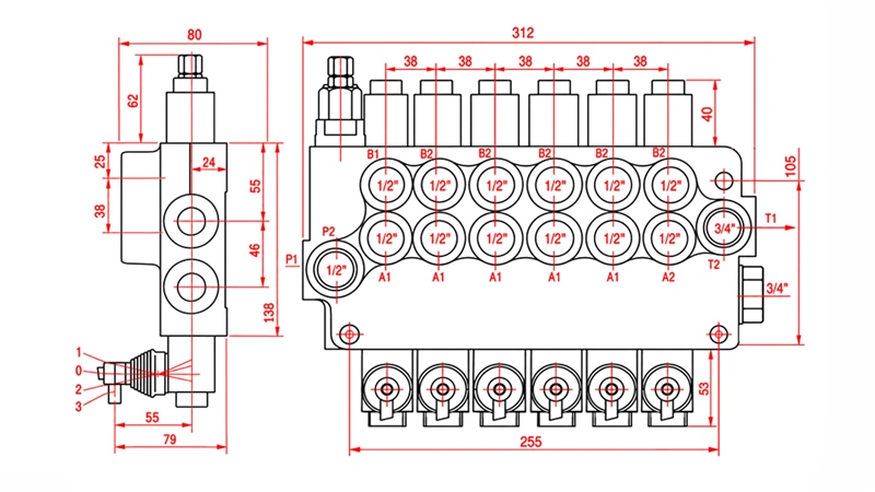 HYDRAULISK MANUELL VENTIL – 6-SEKTIONS RIKTNINGSVENTIL 6xR80 ECO