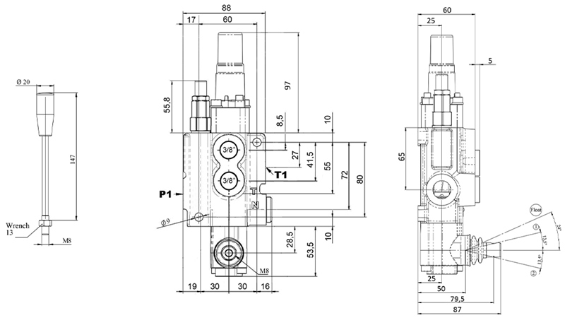 MANUELL HYDRAULISK VENTIL MONOBLOCK 1xZ50 + FLYTLÄGE