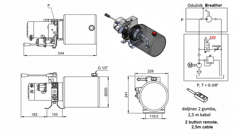 MINI HYDRAULIKAGGREGAT 24V DC - 2.2kW = 2.1cc - 8 liter - enfasig enhet MED MANUELL PUMP