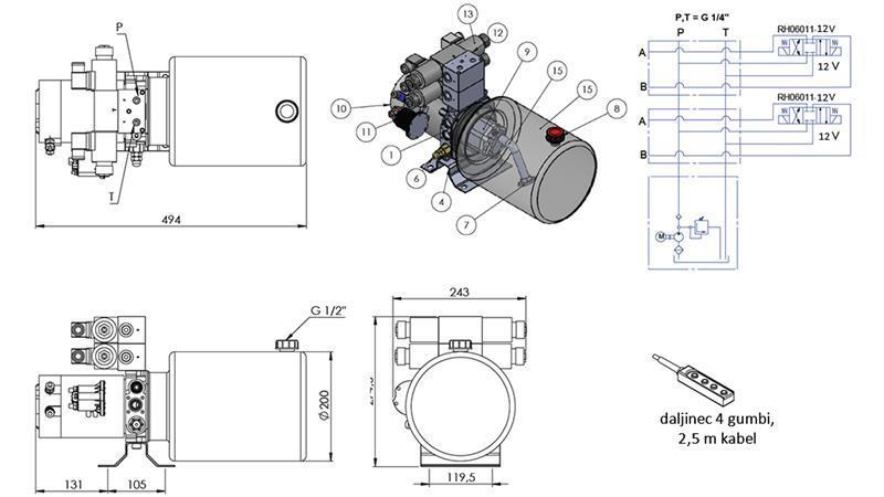 MINI HIDRAVLIČNI AGREGAT 12V DC - 1,6kW = 2,1cc - 8 lit - 2x dvosmerni sklop (kovinski)