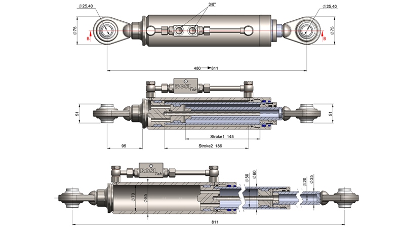 TELESKOPISK HYDRAULISK TOPPSTÅNG - STANDARD - CAT. 2 (45-95 HP) - 480-811 mm (25,4/25,4 mm)