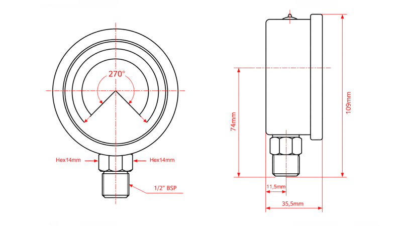 MANOMETER DN100 VERTIKAL 0 - 250 BAR - 1/2
