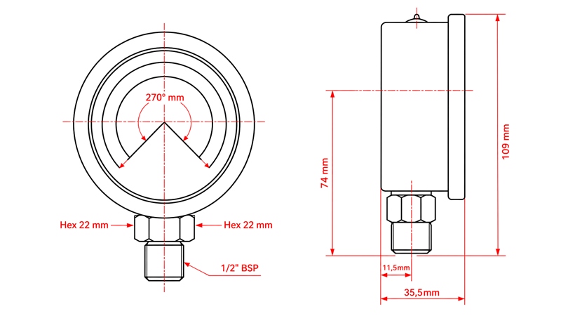 MANOMETER DN100 VERTIKAL 0 - 20 BAR - 1/2