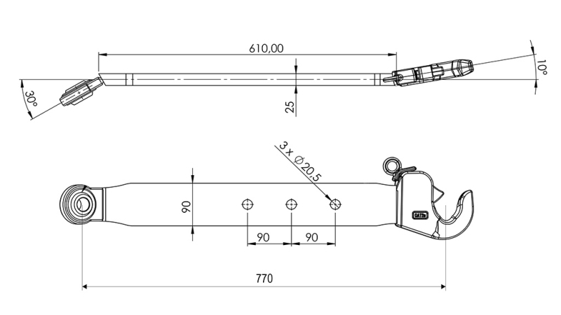 NEDRE LYFTARMAR FÖR TREPUNKTSFÄSTE CAT. 2 - 70x20 mm - 770 mm (75 HP)