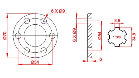 KARDANADAPTER MED FLANGE 6 HULLER 1-3/8 (90 mm)