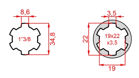 ZAPFWELLENADAPTER VON 21x25x5 (6 VERZAHNUNGEN) AUF 1-3/8 (140 mm)