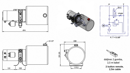 MINI HYDRAULIKAGGREGAT 24V DC - 2.2kW = 2.1cc - 8 lit - enfasig montering (metall)