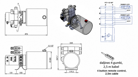 MINI HYDRAULIKAGGREGAT 12V DC - 1.6kW = 2.1cc - 8 lit - 2x bidirektionell enhet (metall)
