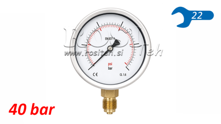 MANOMETER DN100 VERTIKAL 0 - 40 BAR - 1/2