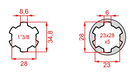 KARDANOVÝ ADAPTÉR Z 23x28x6 (6 DRÁŽEK) NA 1-3/8 (140 mm)