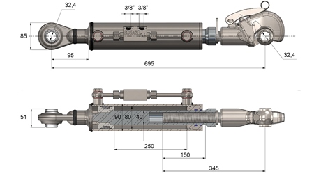 HYDRAULISK TOPPSTÅNG MED GÄNGAD - AUTOMATISK - CAT. 3 - 80/40-250 (+95 HP) (32,2 mm)