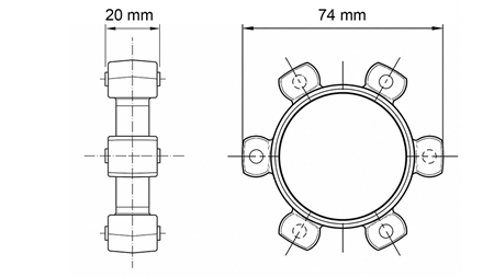 STJÄRNKOPPLING FÖR GUMMIINSATS ND16-ND17 (74mm)