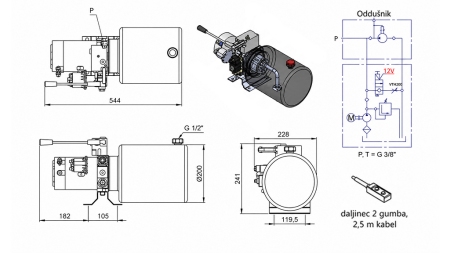 MINI HYDRAULICKÁ JEDNOTKA 12V DC - 1.6kW = 2.1cc - 8 litrů - jednofázová jednotka S RUČNÍ PUMPOU