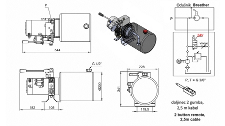 MINI HYDRAULIKAGGREGAT 24V DC - 2.2kW = 2.1cc - 8 liter - enfasig enhet MED MANUELL PUMP