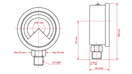 MANOMETER DN100 VERTIKAL 0 - 40 BAR - 1/2