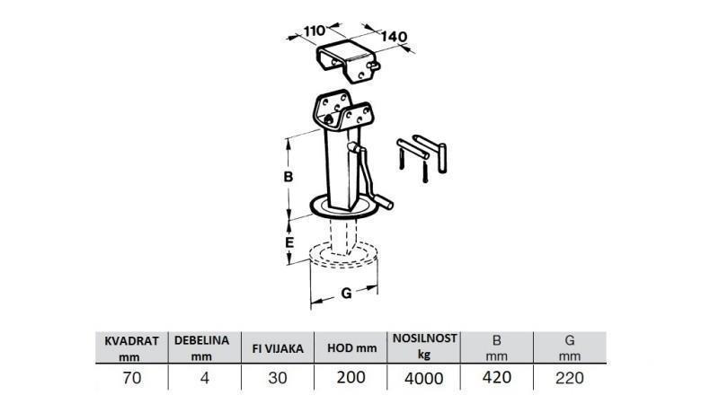 TRÅD STÖD BEN - FOLDABLE 200MM - 4000KG - dimensioner