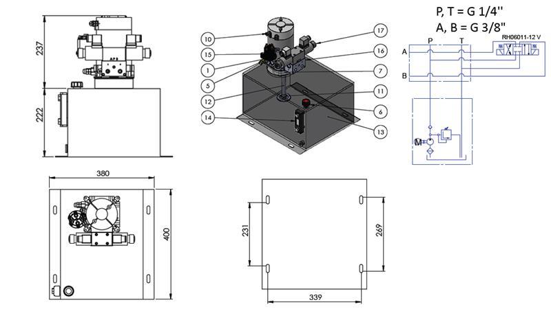 MINI AGGREGATO IDRAULICO 12V DC - 1.6kW = 2.1cc - 25 lit - assemblaggio bidirezionale (metallo)