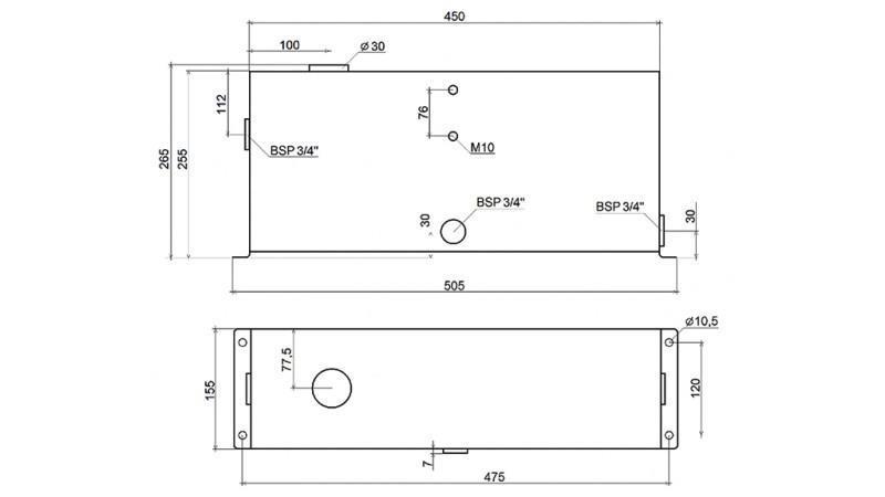 SERBATOIO IN METALLO 12 LITRI CUBO 255x120x450mm COMPLETO DI ATTREZZATURA