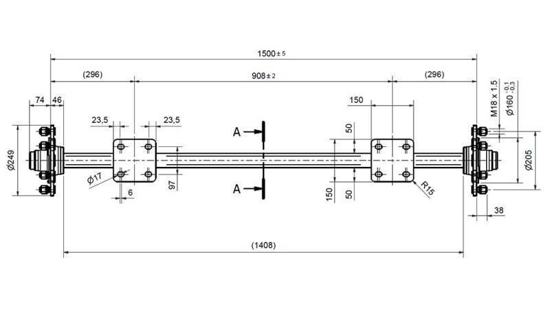 ACHSE FÜR ANHÄNGER 1800 kg OHNE BREMSE (1460 mm) mit Montageplatte