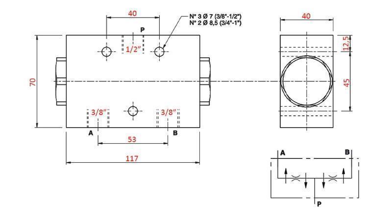 VALVOLA DI DISTRIBUZIONE IDRAULICA FLUSSO V1026 DFL 40-60 lit - 3/8 - 250 bar (max.300 bar) METALLO