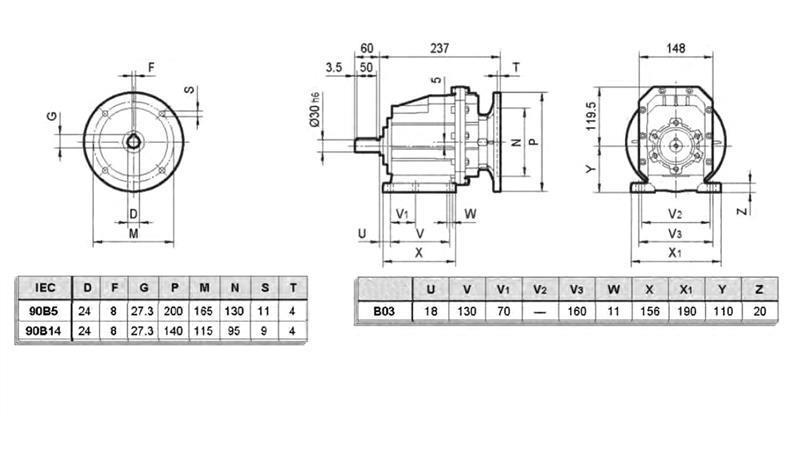 ERC03 REDUZIERER FÜR ELEKTROMOTOR MS90 (1.1-1.5kW) VERHÄLTNIS 25:1