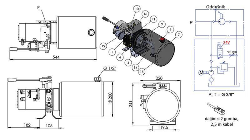 MINI HYDRAULISK AGGREGAT 24V DC - 2.2kW = 2.1cc - 8 lit - enkelriktad montering MED HANDPUMP