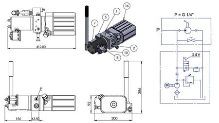MINI HYDRAULIKAGGREGAT 24V DC - 0.8kW = 0.5cc - 1.5 lit - einphasige Einheit (PVC) mit Handpumpe