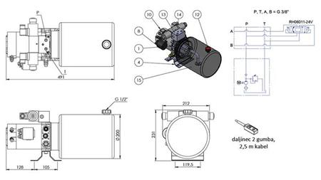 MINI HYDRAULIKAGGREGAT 24V DC - 2.2kW = 2.1cc - 8 lit - doppelte Richtungseinheit (Metall)