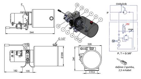 MINI HYDRAULISK AGGREGAT 24V DC - 2.2kW = 2.1cc - 8 lit - enkelriktad montering MED HANDPUMP