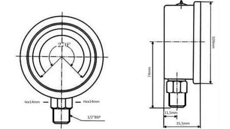 MANOMETER DN100 VERTIKAL 0 - 40 BAR - 1/2-dimensioner