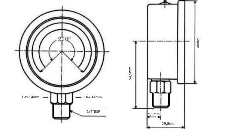 MANOMETER DN63 VERTIKAL 0 - 4 BAR - 1/4-Abmessungen