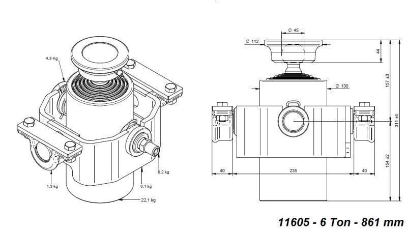 CILINDRO TELESCOPICO COMPATTO 6 GRADI 861mm x125 -PALLA
